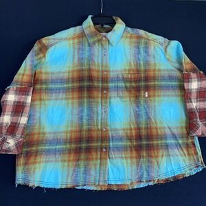BDG Checked Plaid Flannel Shirt  Green Orange XS Oversized Chest Pocket Raw Edge